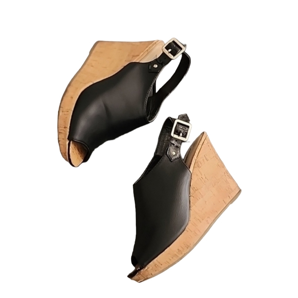 AEO AMERICAN EAGLE Slingback Cork Wedge Sandals 8.5 Pebbled Black Vegan Leather - Picture 14 of 16